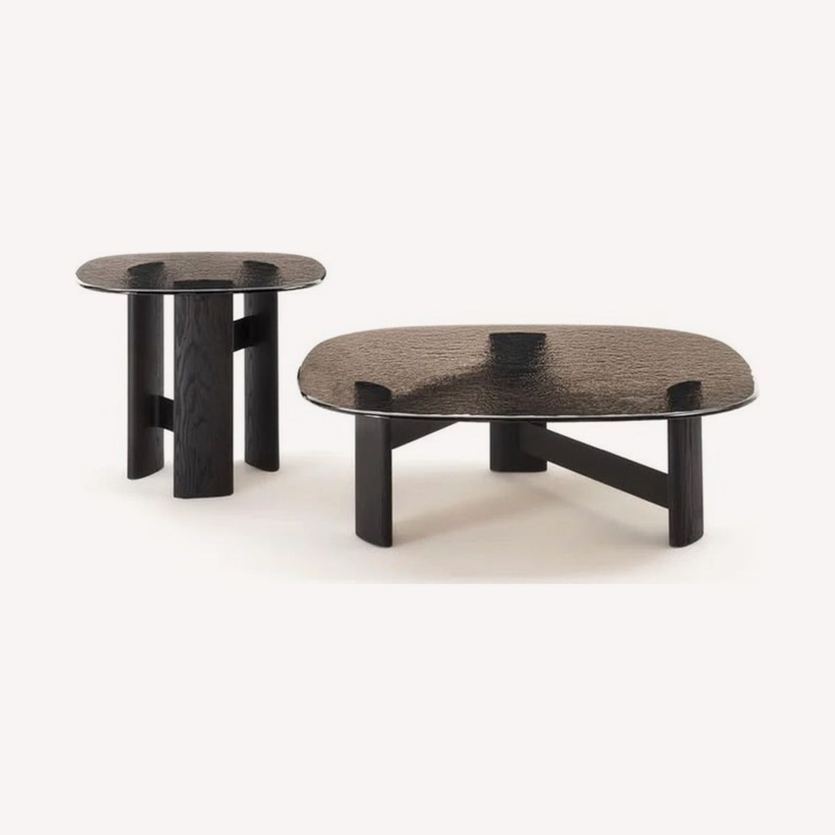 Travertine, marble-look porcelain, smoked glass and walnut coffee tables, including nesting sets and sculptural statemen
