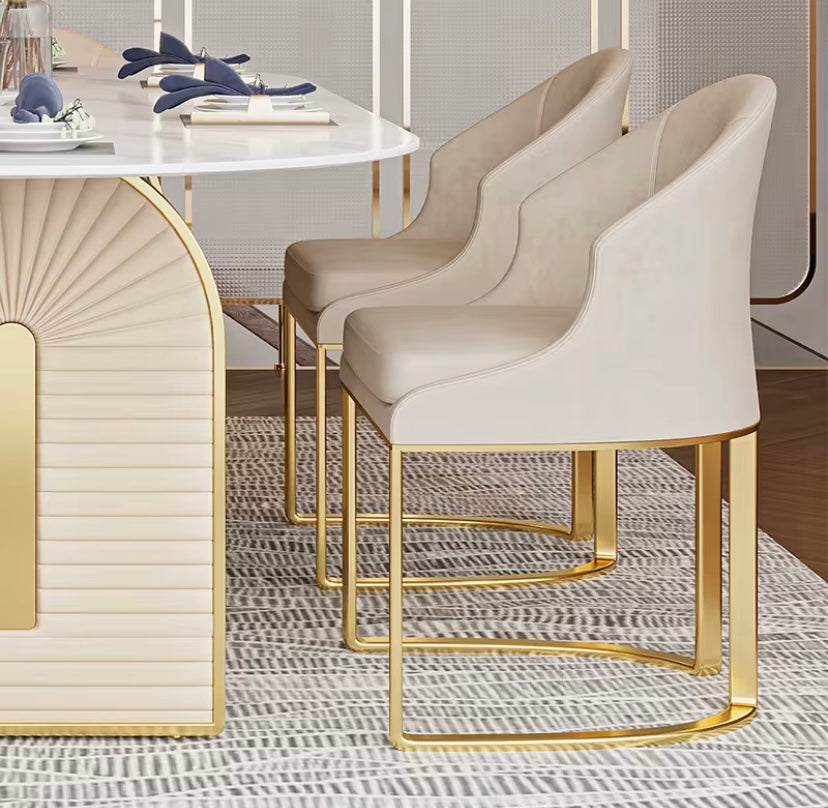 Andrea beige curved dining chair with polished gold sled legs, view 5
