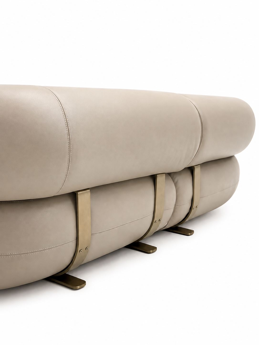 Aristo curved sectional in vegan leather with brass-tone base details, view 4