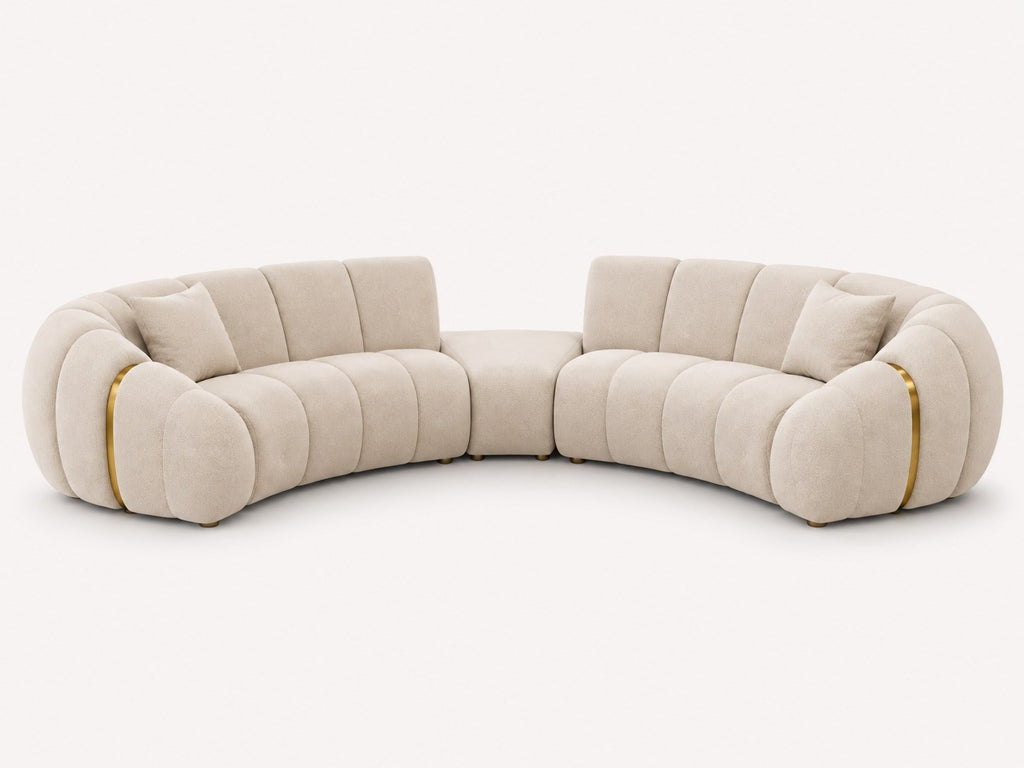 Calimero curved sectional sofa with built-in center table and gold accents