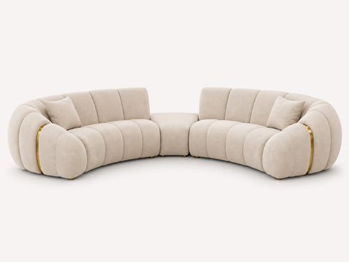 Calimero curved sectional sofa with built-in center table and gold accents