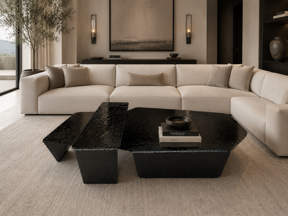 Imperia pair of black sculptural coffee tables with crackled smoked glass tops, view 2
