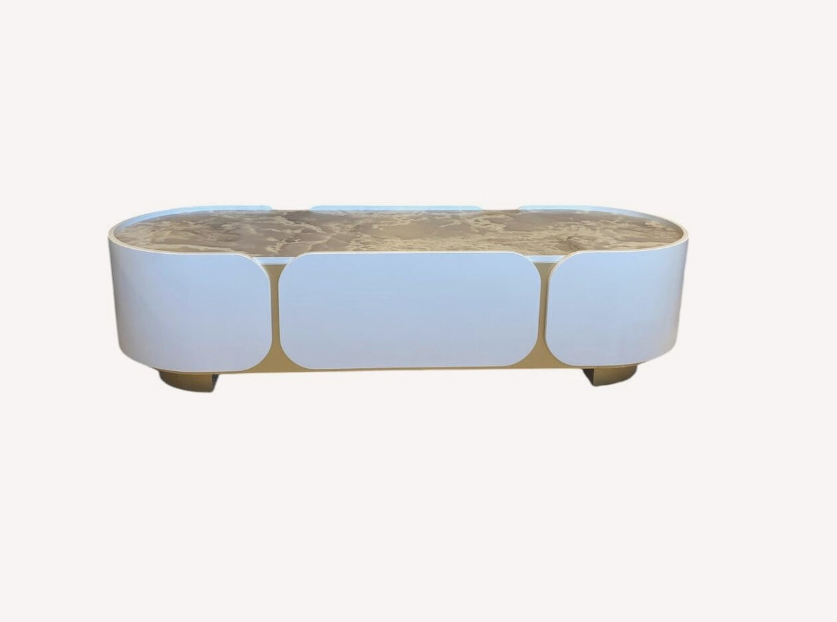Cancun oval cream coffee table with stone top and gold feet