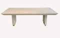 Strip marble look dining table on white panel legs