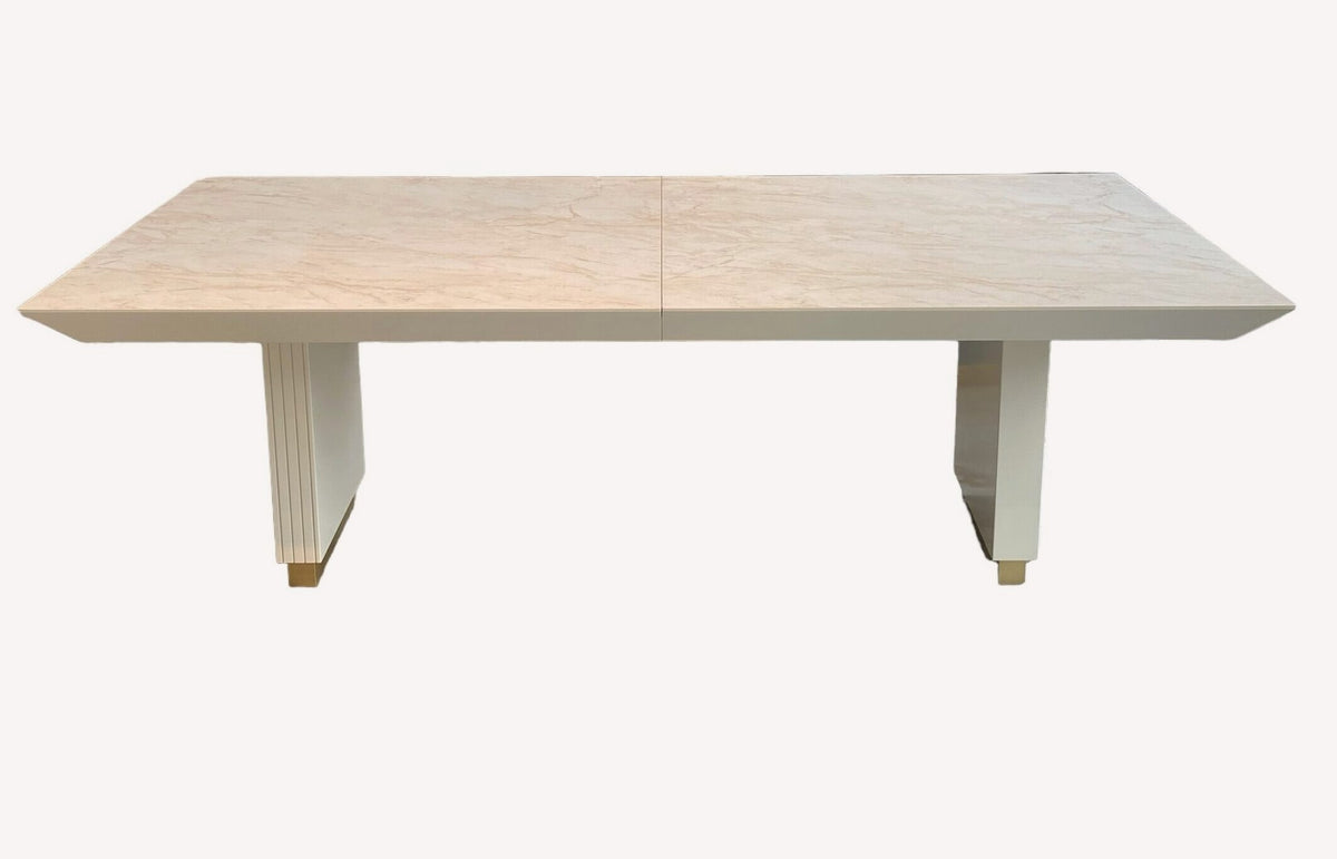 Strip marble look dining table on white panel legs
