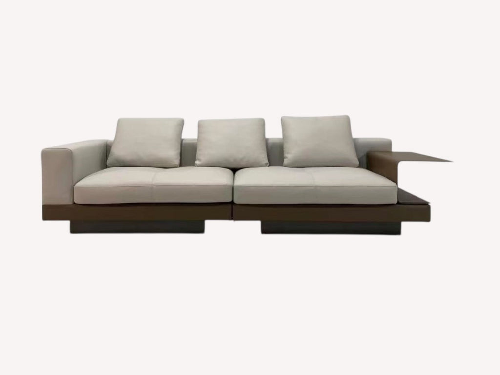 Vietnam low gray platform sofa with integrated side shelf