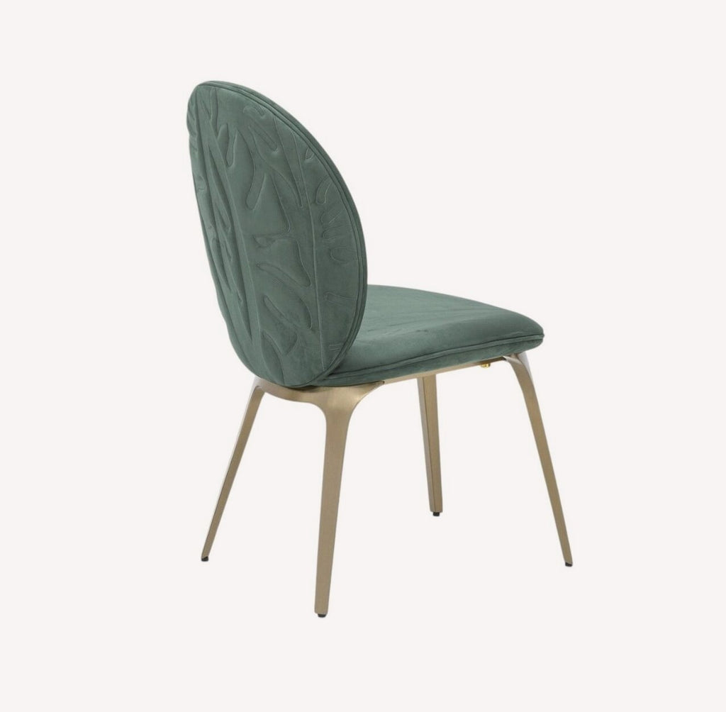 Rose sage velvet dining chair with embossed oval back