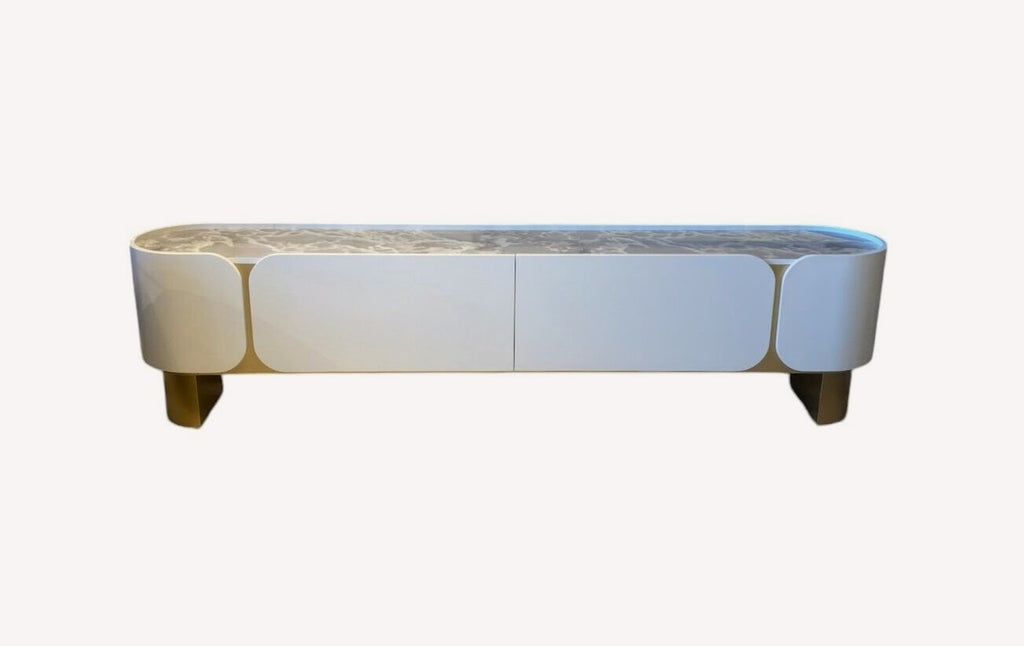 Cancun long low cream media console with gold feet