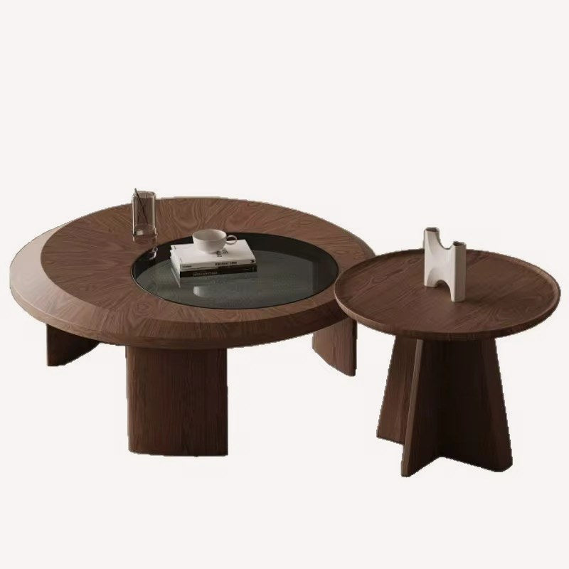 Libra round walnut coffee table with smoked glass inset and companion table