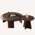 Libra round walnut coffee table with smoked glass inset and companion table