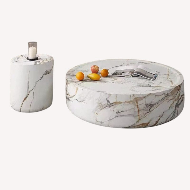 Madrid round white marble look drum coffee table and side table