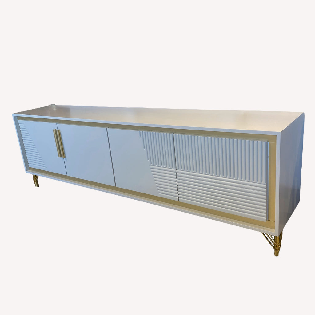 Toronto long white fluted media console with gold frame
