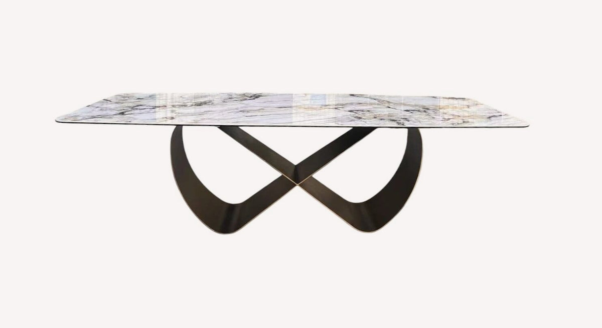 Infinity marble look porcelain dining table on looping base
