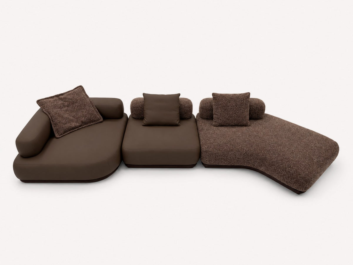 Lumina modular sectional on rounded wood base with integrated side tables