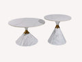 Flower pair of white marble look hourglass tables with gold waist