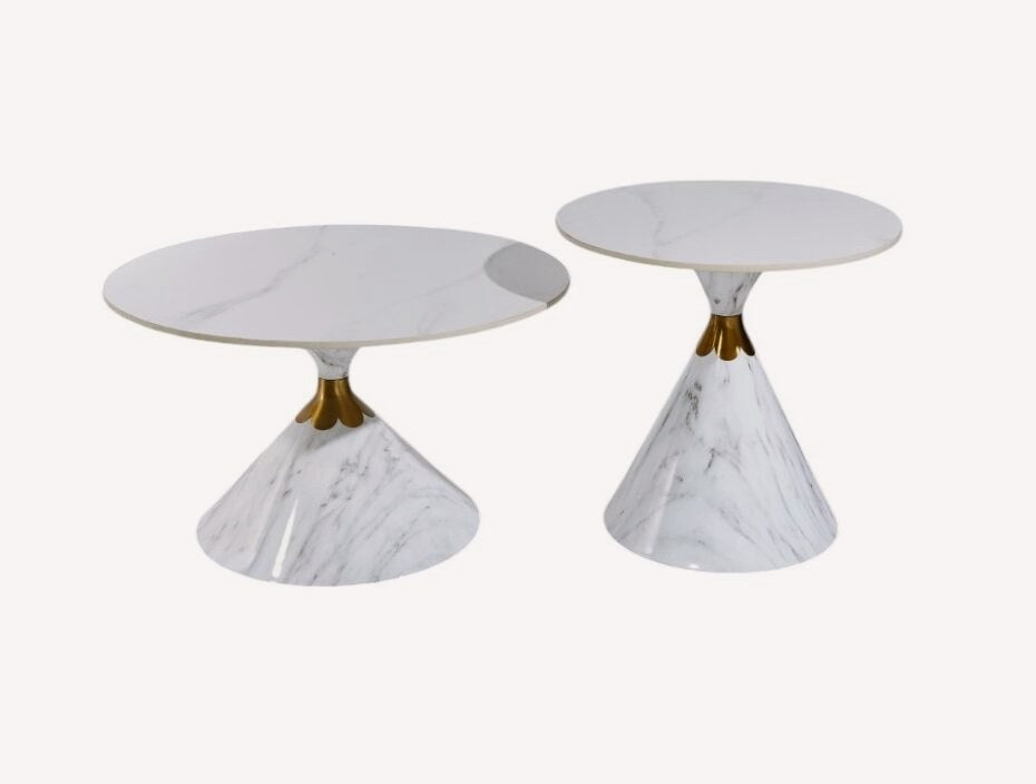 Flower pair of white marble look hourglass tables with gold waist
