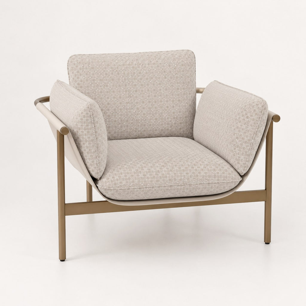 Allison modern accent chair in woven fabric and vegan leather on metal frame