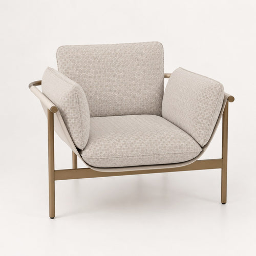 Allison modern accent chair in woven fabric and vegan leather on metal frame
