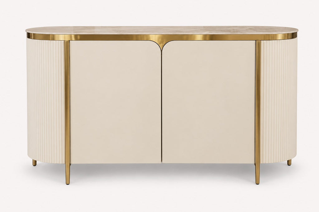On rounded sideboard with porcelain sintered stone top and metal accents