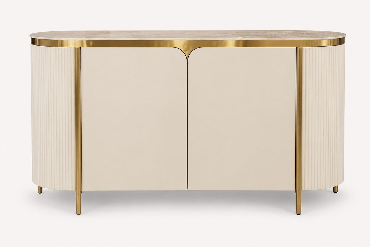 On rounded sideboard with porcelain sintered stone top and metal accents