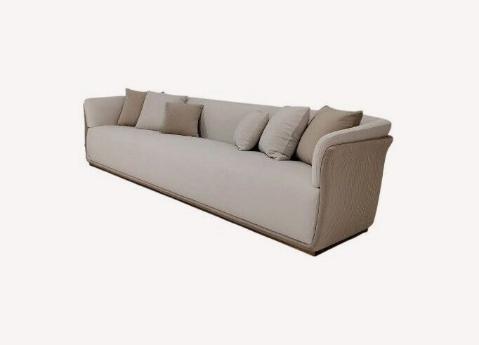 Christy long low greige sofa with curved arms