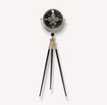 Yofi tripod floor clock with exposed gear face and gold accents