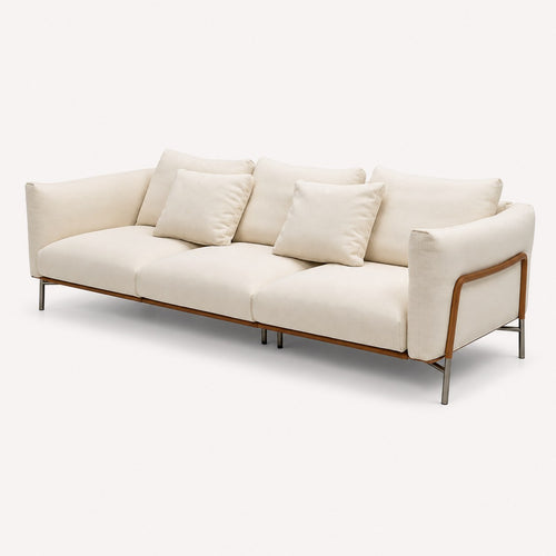 Amora long sofa with stainless steel base and rounded wood frame