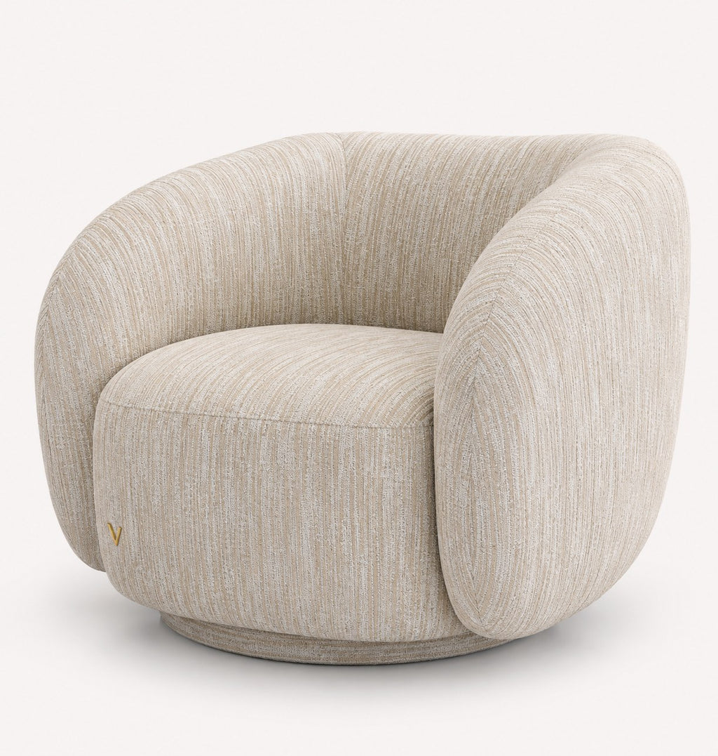Sorrel rounded sculptural swivel chair in textured woven fabric