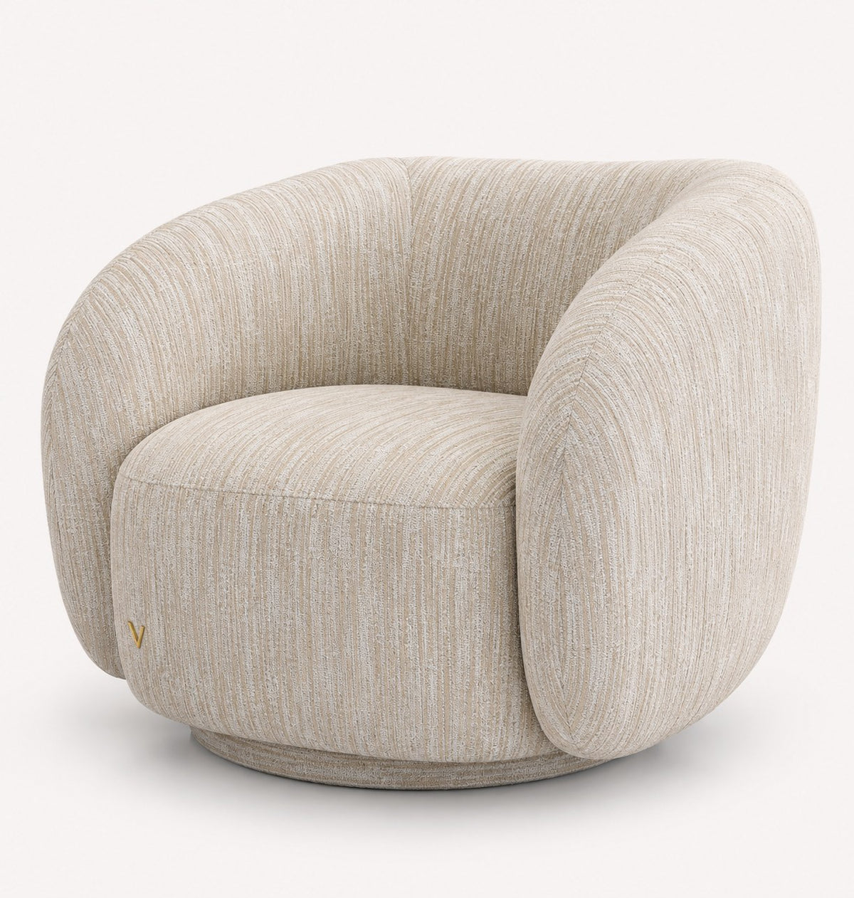 Sorrel rounded sculptural swivel chair in textured woven fabric
