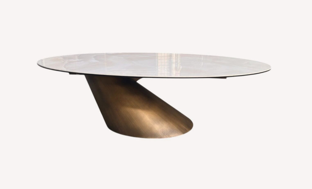 Netz oval porcelain coffee table on angled bronze cylinder base