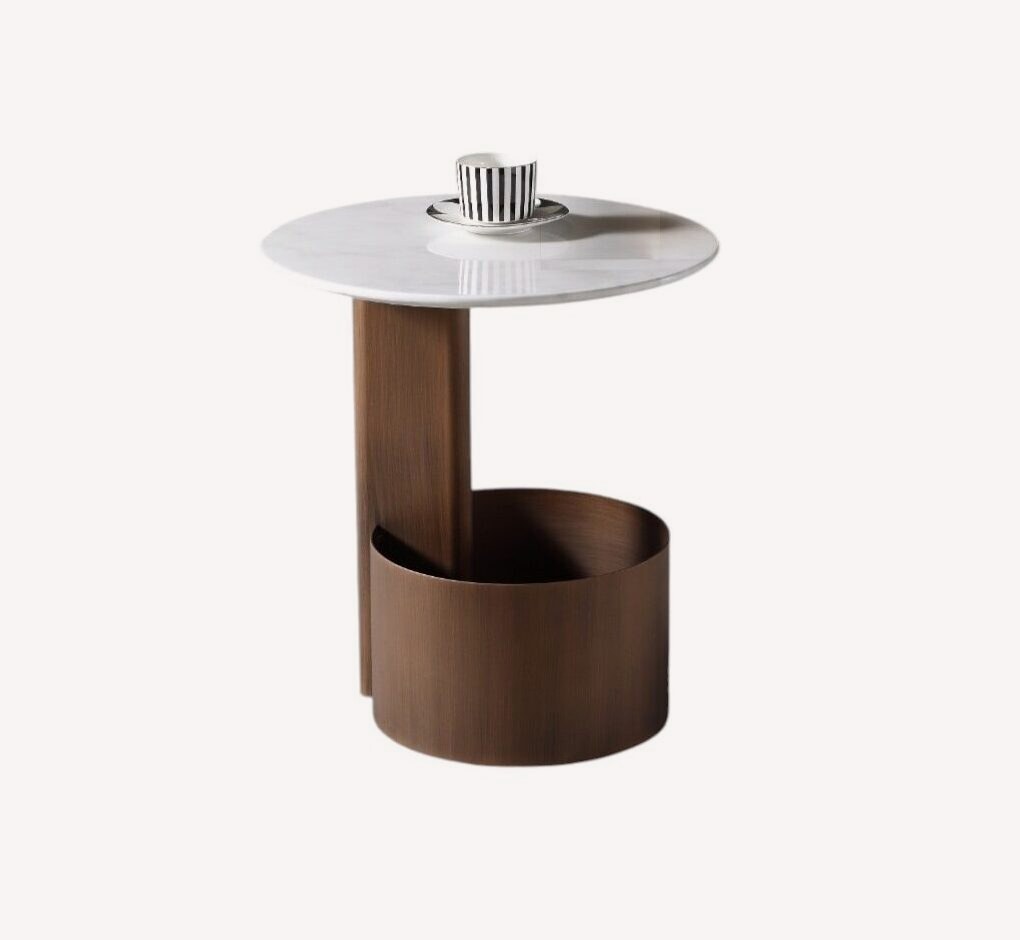 Kick side table with round white top and walnut magazine bin