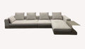 Vietnam low gray chaise sectional on dark platform with side shelf