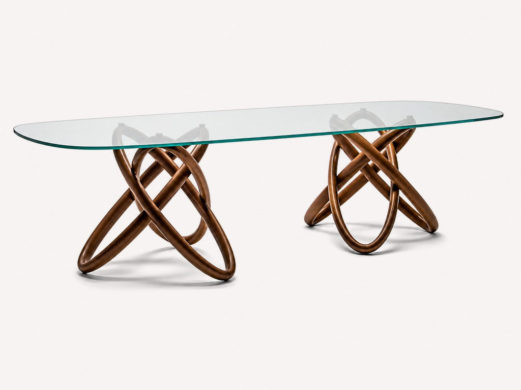 Orian rectangular glass dining table on sculptural interlocking wood base