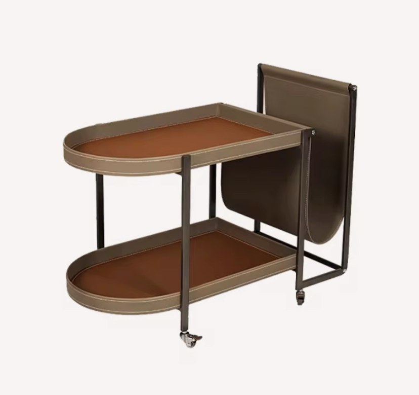 Two tier bar cart with cognac leather trays and bronze frame