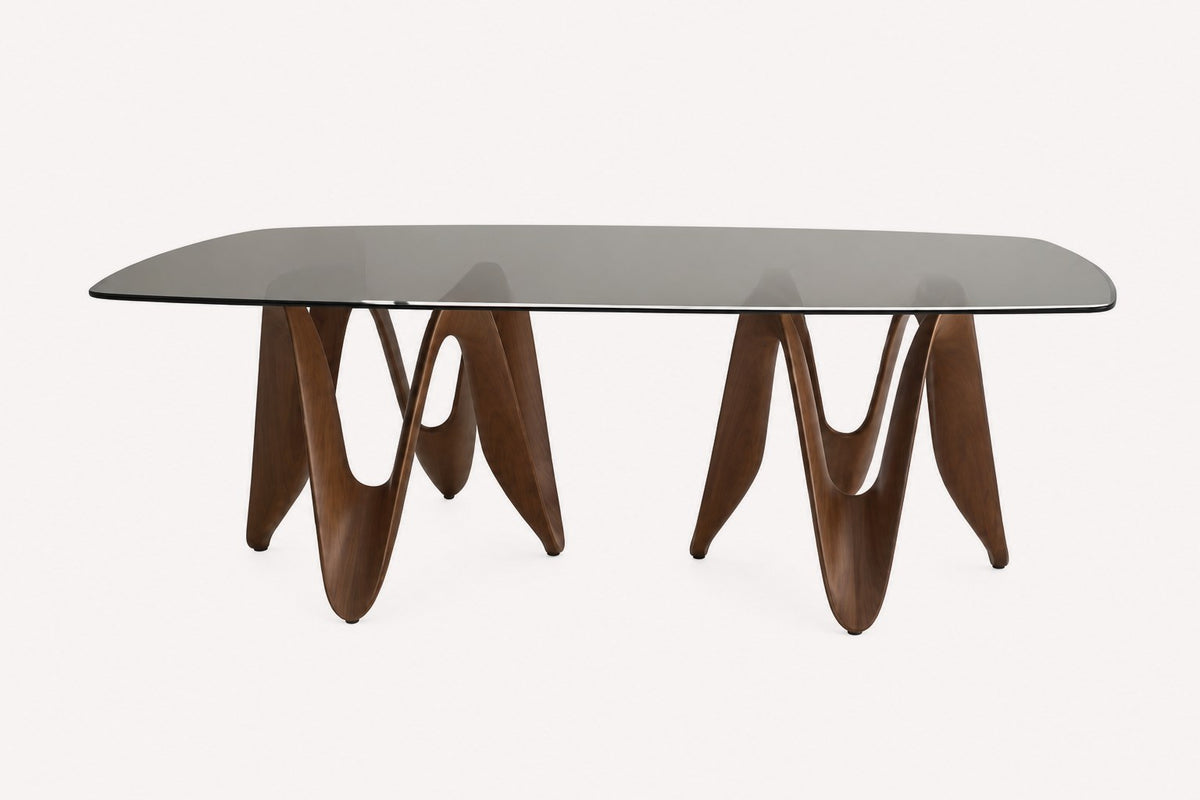 Monaco XL smoked glass dining table on two organic wood bases