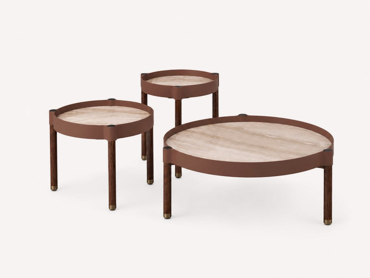 Palermo set of three round travertine tables at staggered heights
