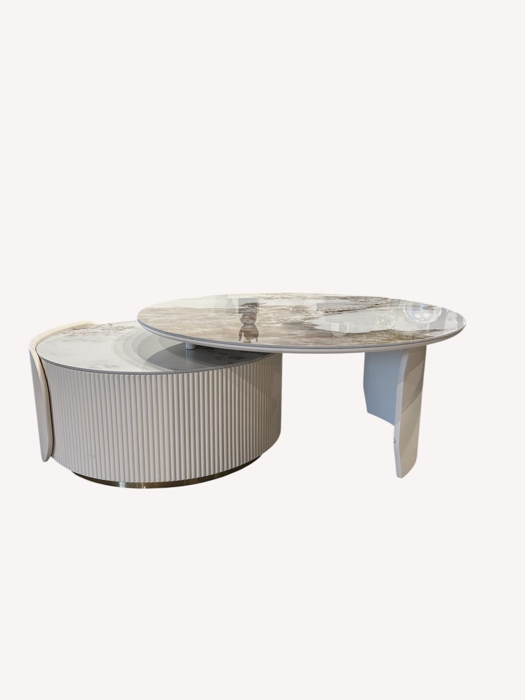 Rihanna pair of porcelain coffee tables fluted drum and curved leg
