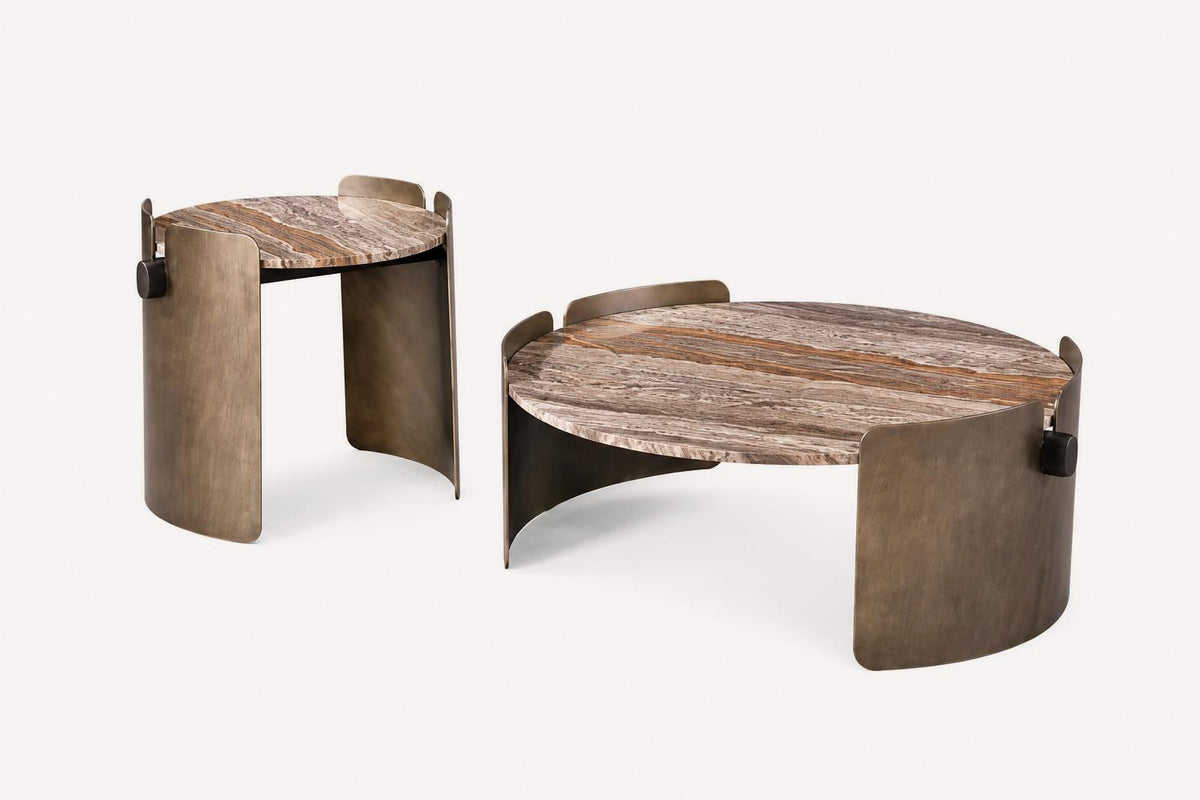 Bellini natural stone coffee and side table set on sculptural bronze bases