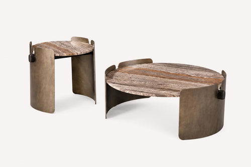 Bellini natural stone coffee and side table set on sculptural bronze bases