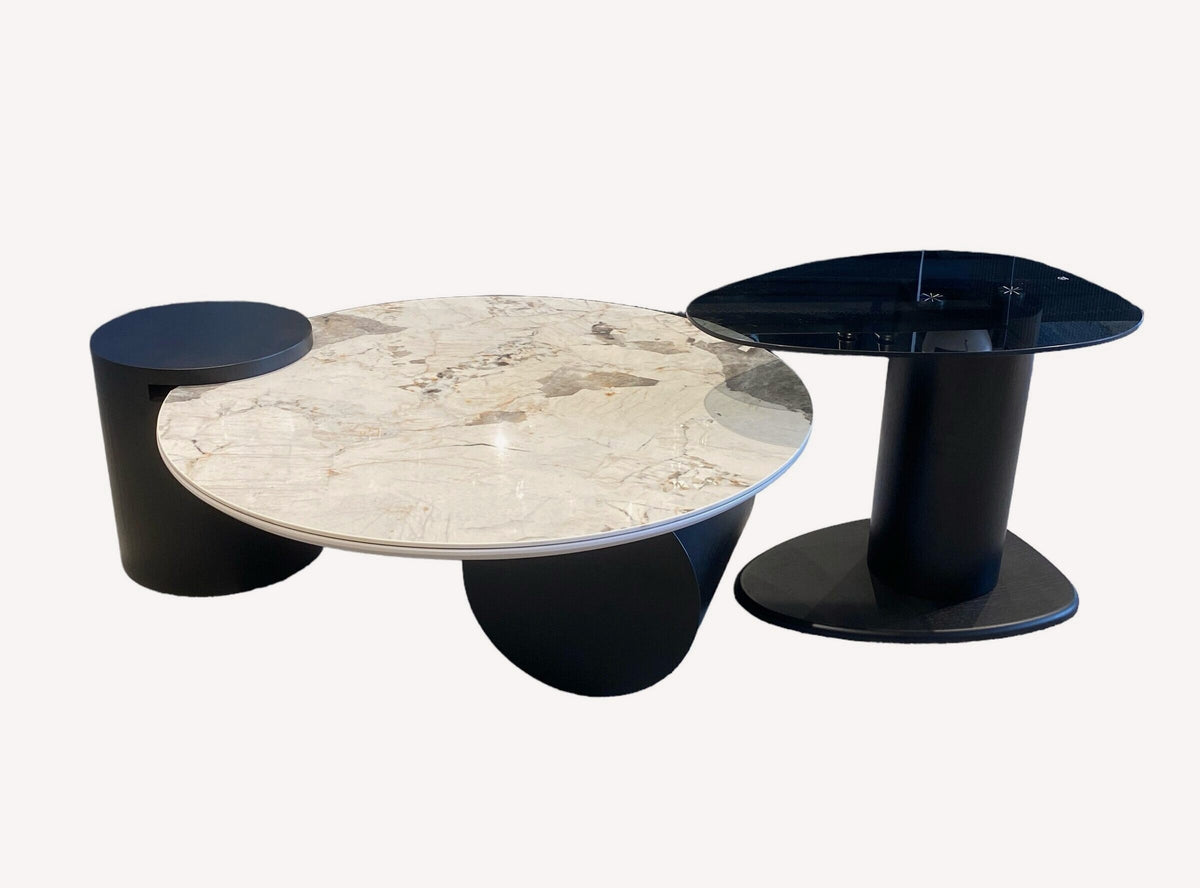 Galil marble look coffee table on black drum with smoked glass side table