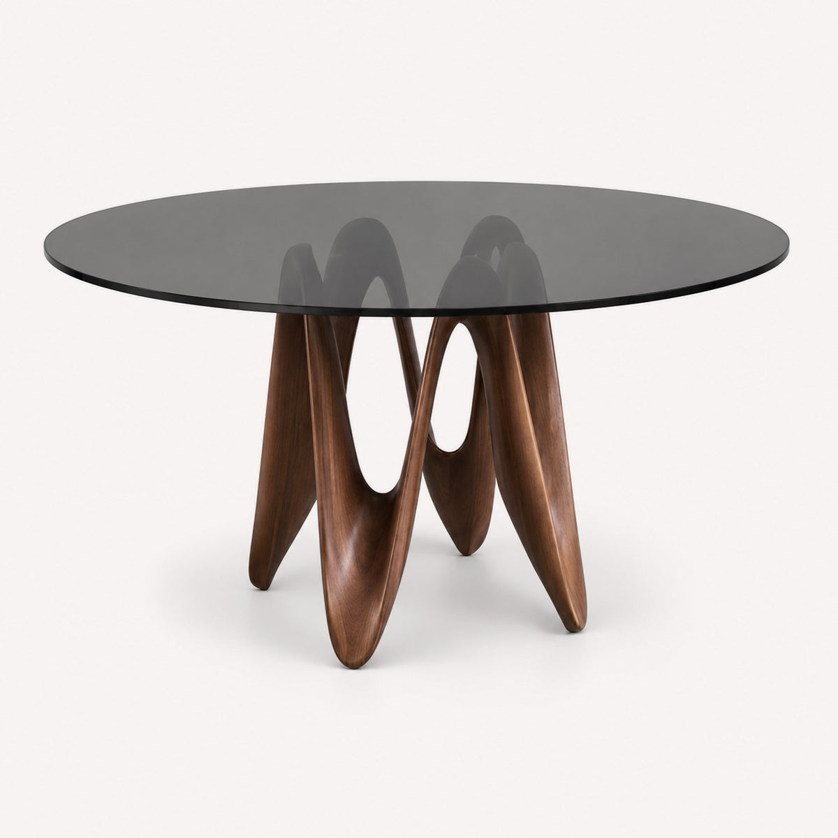 Monaco round smoked glass dining table on flowing solid wood base