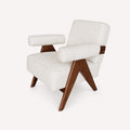 Vitacci accent chair with angled walnut wood frame and light fabric
