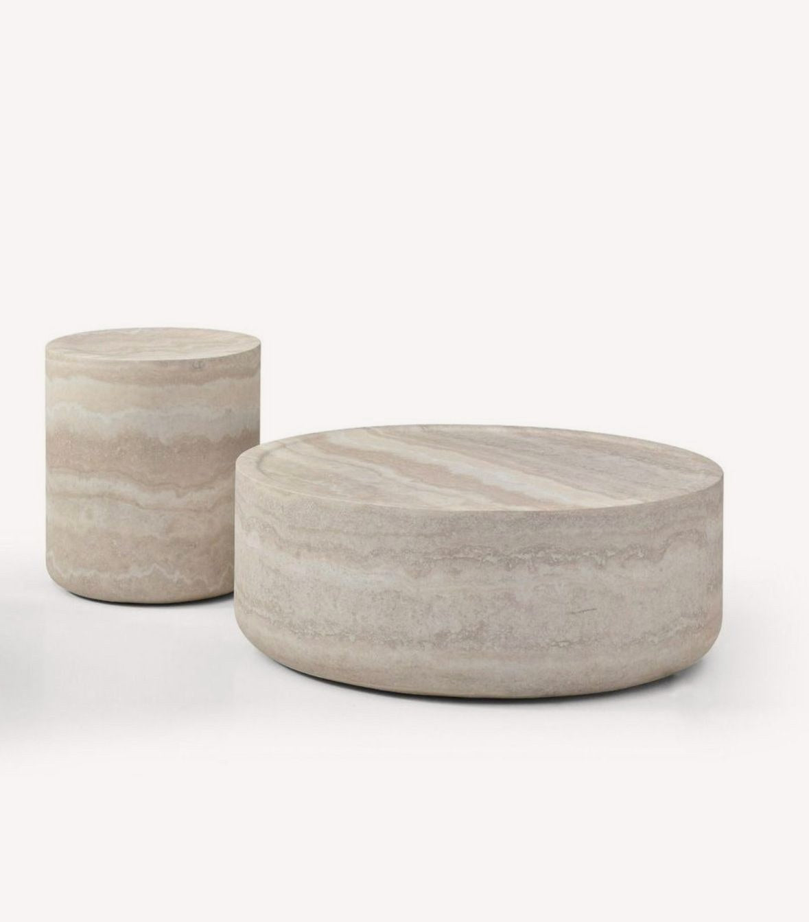 Madrid round travertine look drum coffee table and side table