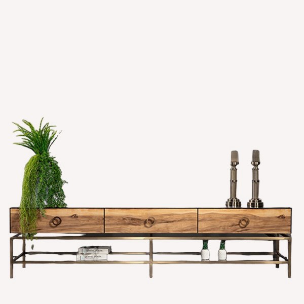 Nicolo natural wood media console on bronze metal frame