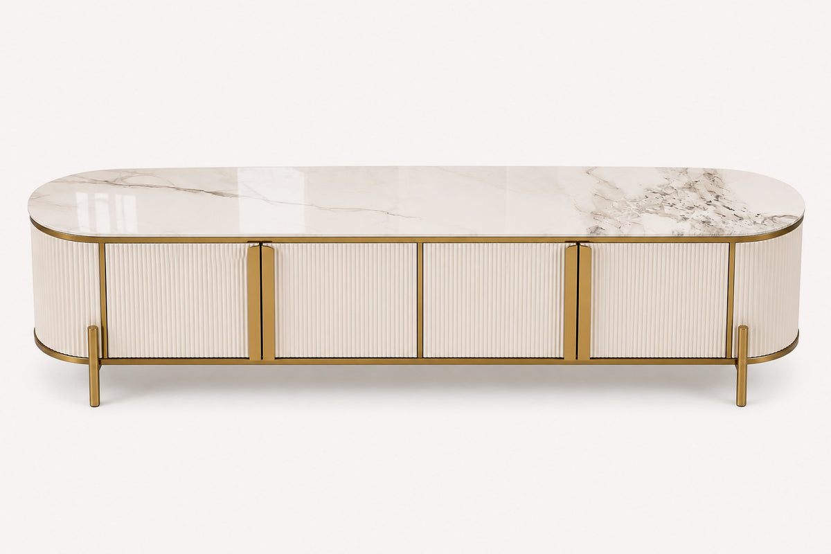 On long fluted sideboard with sintered stone top and aluminum details