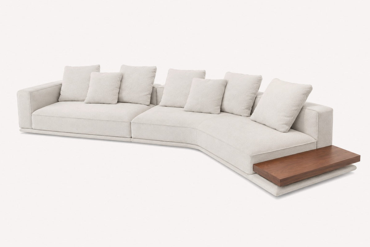 Vittoria long sofa with built-in wooden side table in light woven fabric