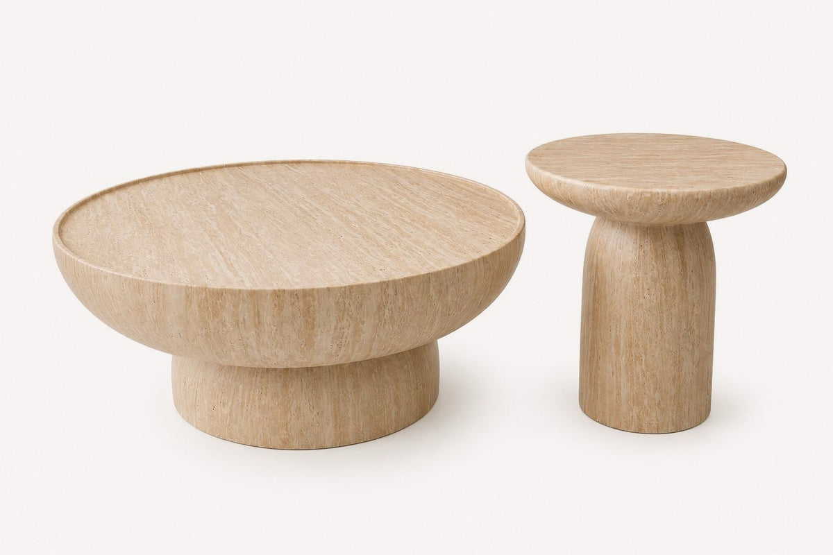 Pitria set of two round travertine-look tables at different heights
