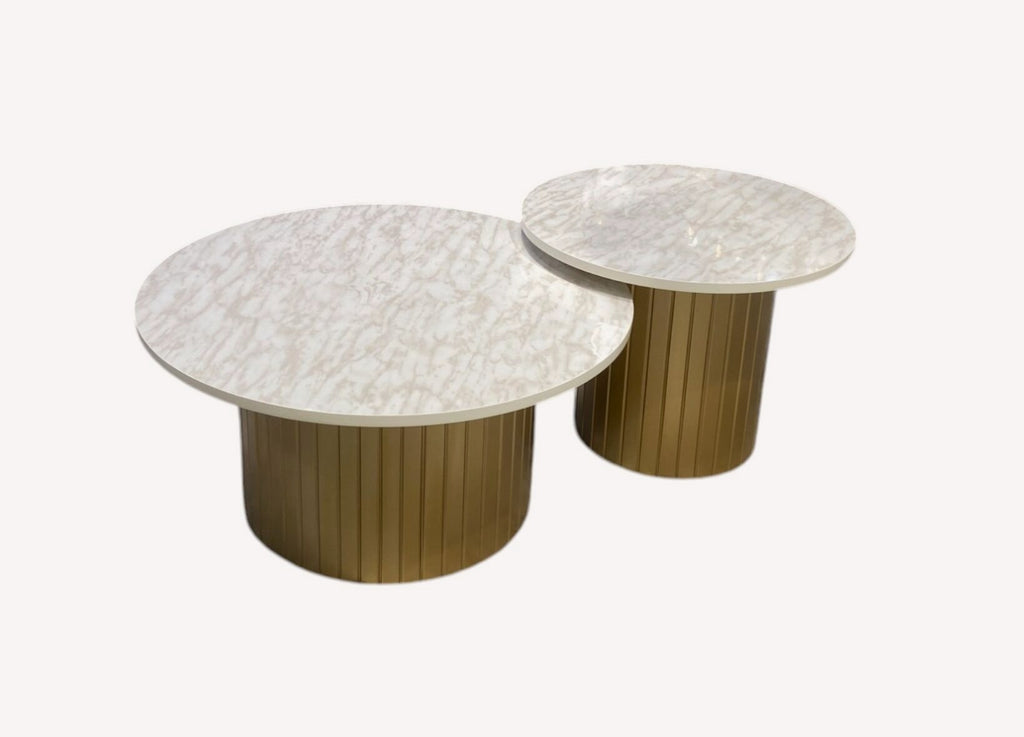 Vegas pair of marble look tables on fluted gold drums