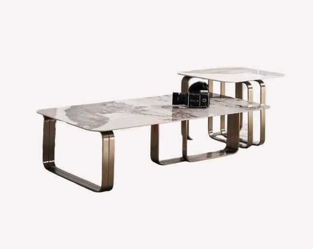 Rumble marble look coffee table and side table on bronze sled frames