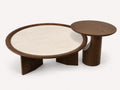 Milano pair of round walnut coffee tables on stone bases
